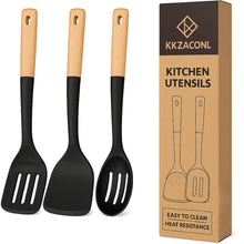 Load image into Gallery viewer, KKZACONL Silicone Cooking Utensils Set, Spatulas for Kitchen Use,Perfectly Angled for Frying, Mixing,Serving,Draining,Turning and Stirring, BPA-Free Matte Silicone, Wood Handles, Safe for Nonstick Cooking Surfaces,3 Pack (Black)
