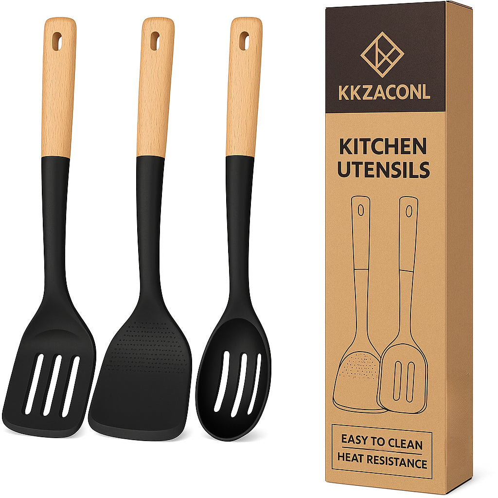KKZACONL Silicone Cooking Utensils Set, Spatulas for Kitchen Use,Perfectly Angled for Frying, Mixing,Serving,Draining,Turning and Stirring, BPA-Free Matte Silicone, Wood Handles, Safe for Nonstick Cooking Surfaces,3 Pack (Black)